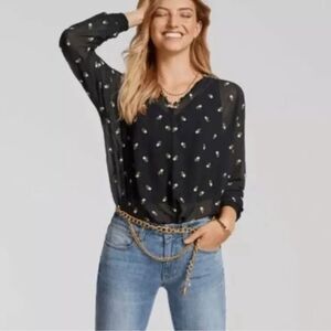 CAbi #5338 Alegria Black Embroidered Floral Oversized Blouse XS